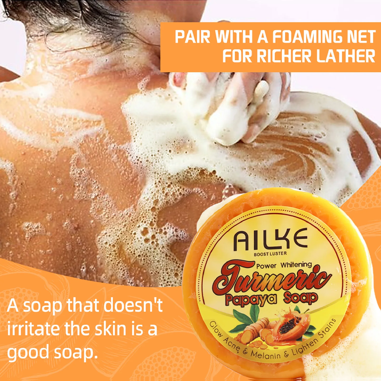 AILKE Lightening Soap Bar for Women, With Natural Turmeric, Papaya, Carrot, Remove Dark Spots, Acne, for All Skin Types, 200g