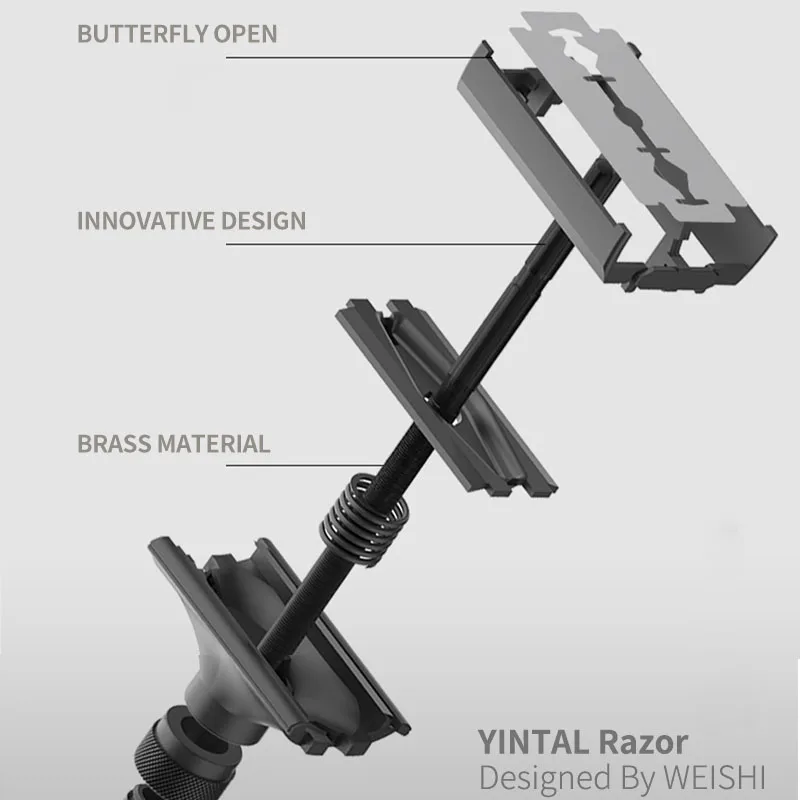 Adjustable Precision Men's Razor - Double Edge Safety Butterfly Brass Metal Handle for Beard & Mustache Grooming With 5 Blades