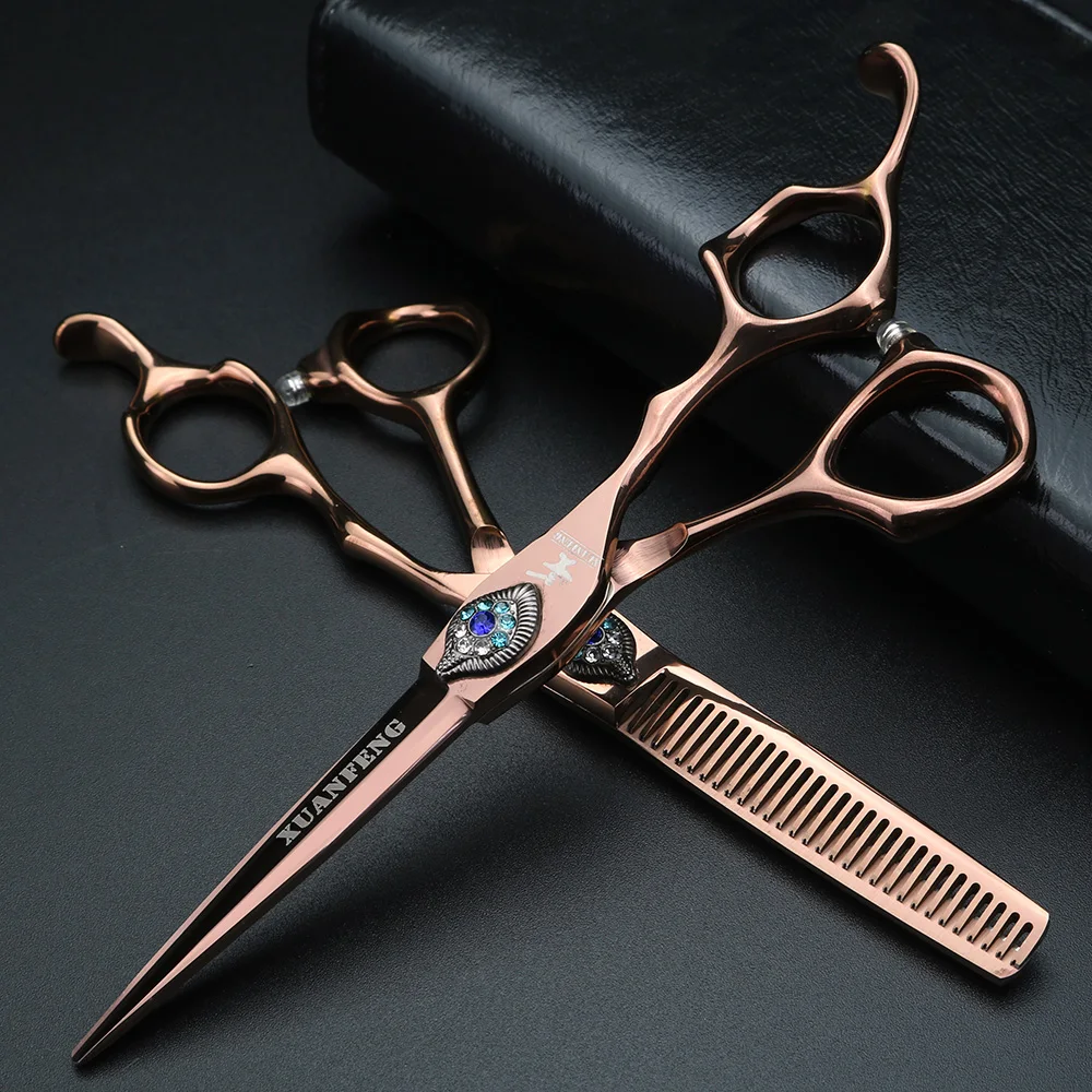 XUANFENG 6 inch Peacock Screw Hair Scissors 440C Steel Barber Cutting Scissors and Thinning Scissors