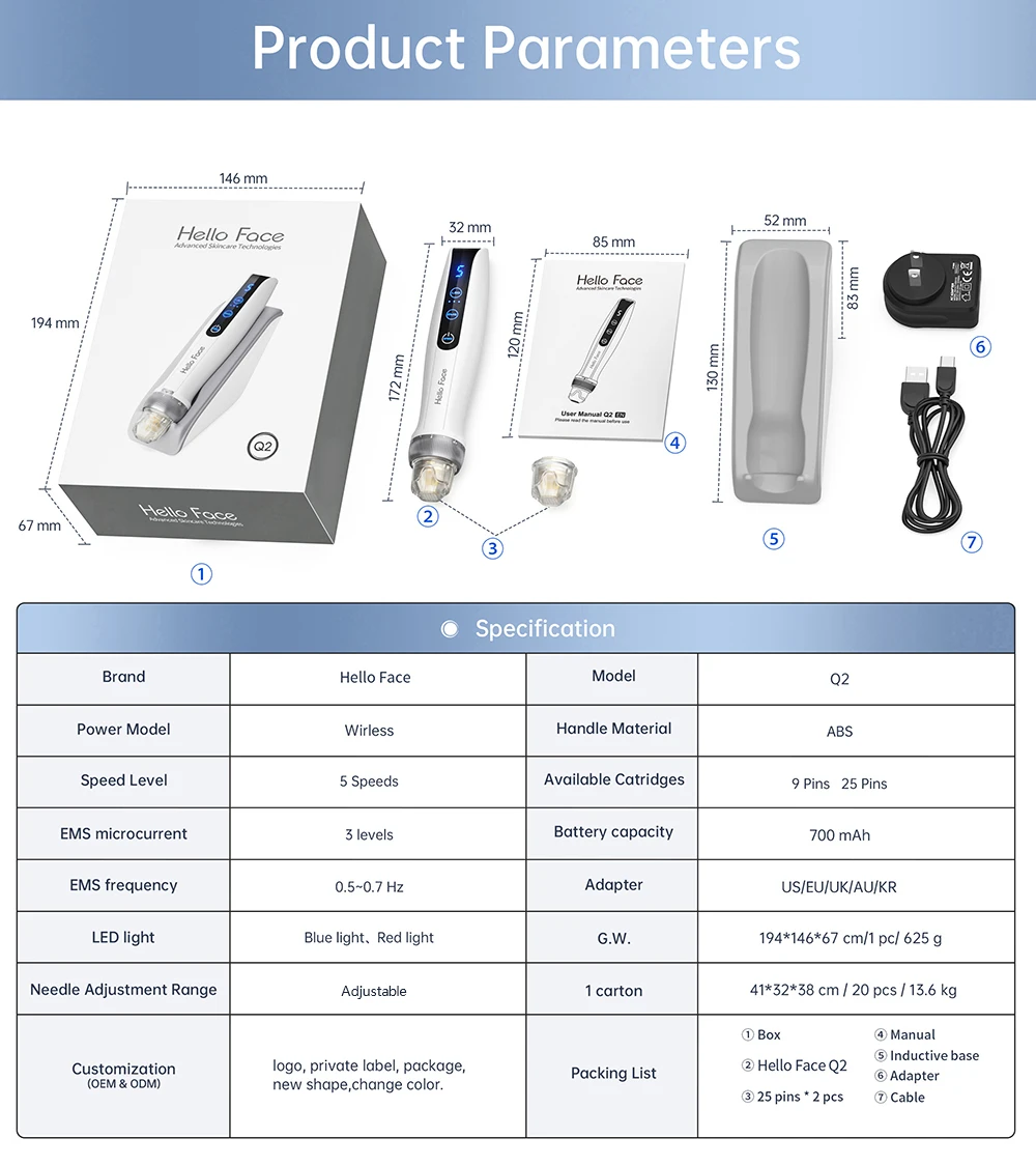 Dr. Pen Hello Face Q2 Authentic EMS Derma Pen With 2 pcs needles gifts 0.25 mm needle length