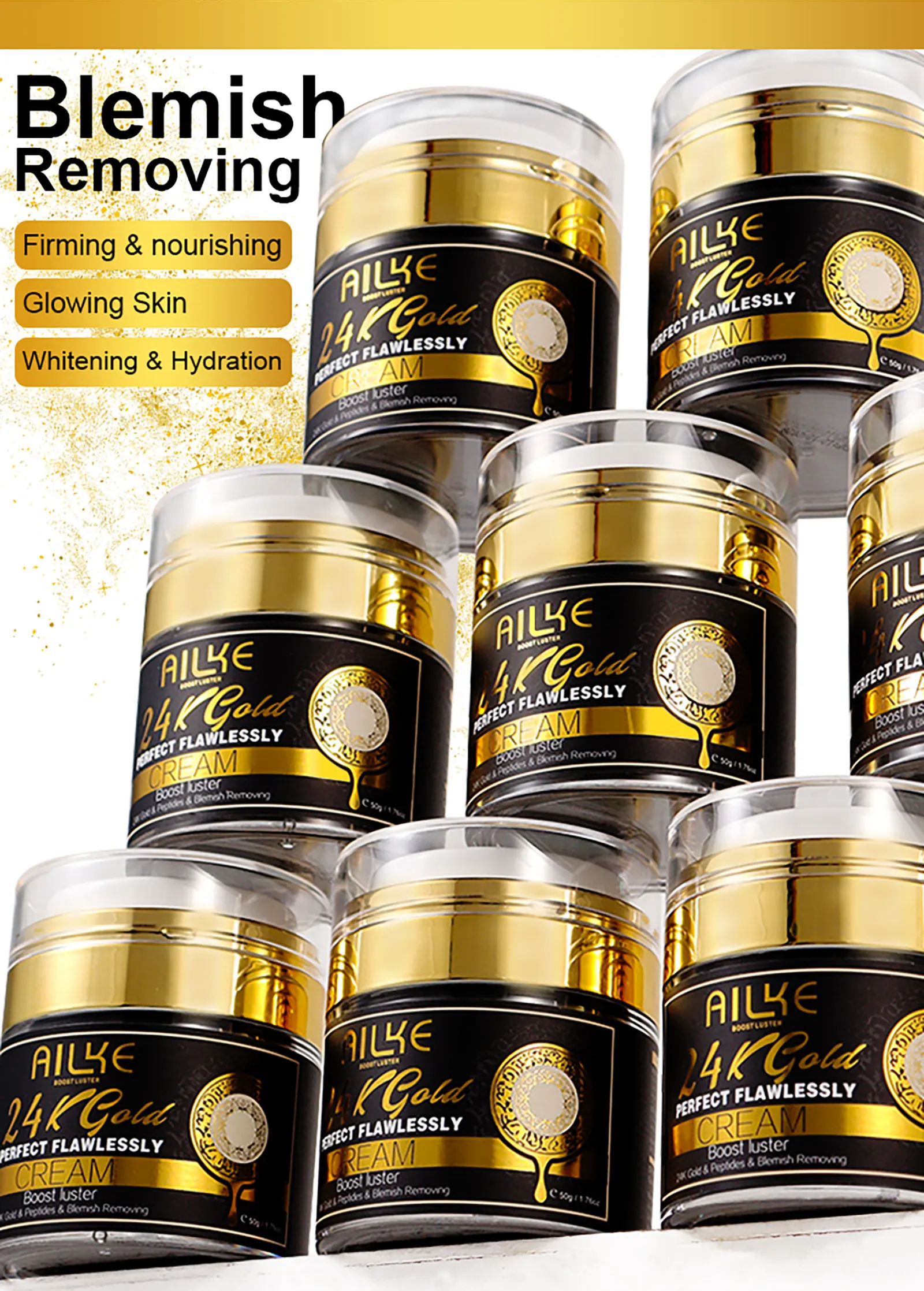 AILKE 24k Gold Perfect Flawlessly Face Cream, Whitening, Reduce Dark Spots, Melanin, Improve Dull Skin, With Glutathione Vitamin