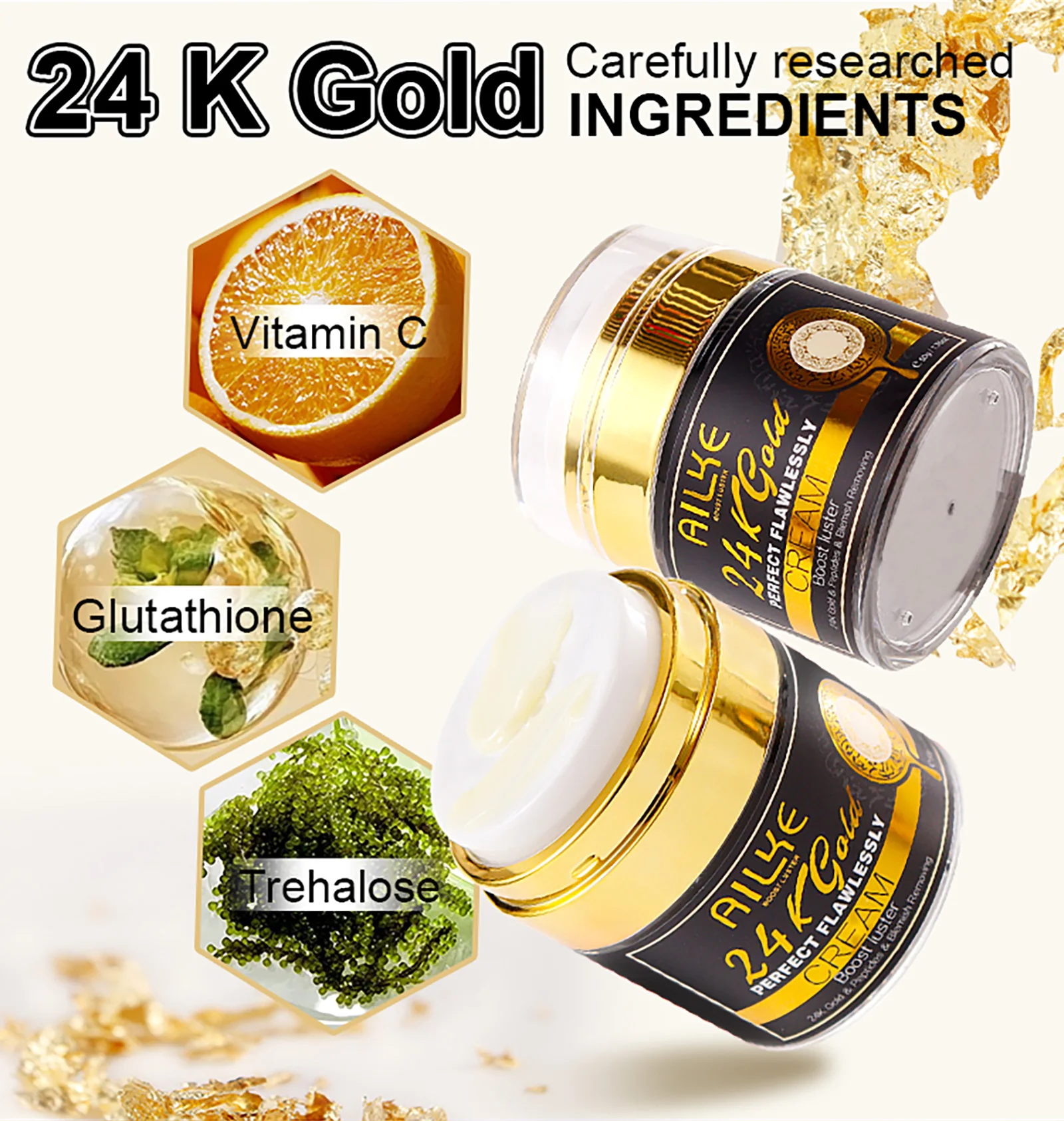 AILKE 24k Gold Perfect Flawlessly Face Cream, Whitening, Reduce Dark Spots, Melanin, Improve Dull Skin, With Glutathione Vitamin
