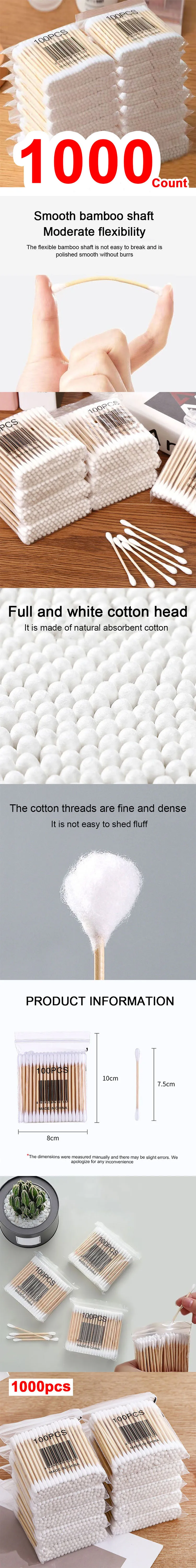 1000Count Cotton Swabs Cotton Swabs for Ears Double Round Bamboo Sticks Cotton Buds Suitable for Makeup and Cleaning HZM01