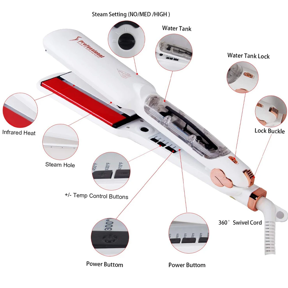 RUCHA Infrared Steam Hair Straightener 2 Inches Wide Plate Hair Salon Steampod Ironing Styler Ceramic Tourmaline Flat Iron