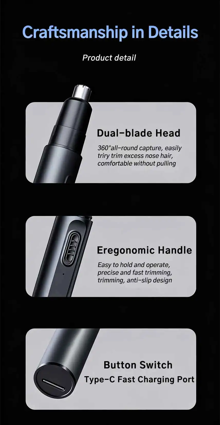 Electric Nose Hair Trimmer for Men and Women, USB-C Rechargeable Ear Nose Groomer with Stainless Steel Head