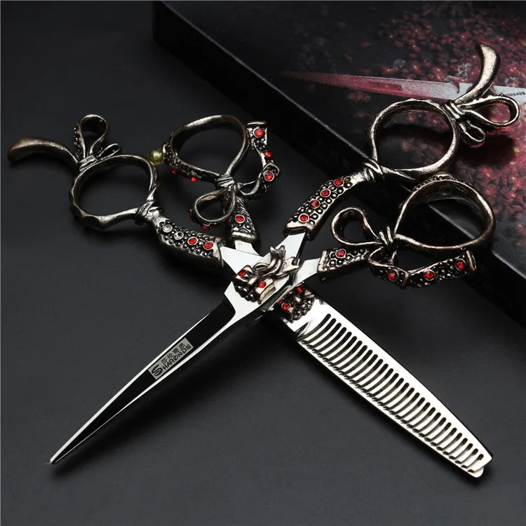 Retro professional barber shop hairdressing scissors 6.0 440c 7 inch hair cutting thinning shears kit tesoura makas barbearia