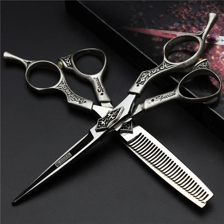 Retro professional barber shop hairdressing scissors 6.0 440c 7 inch hair cutting thinning shears kit tesoura makas barbearia