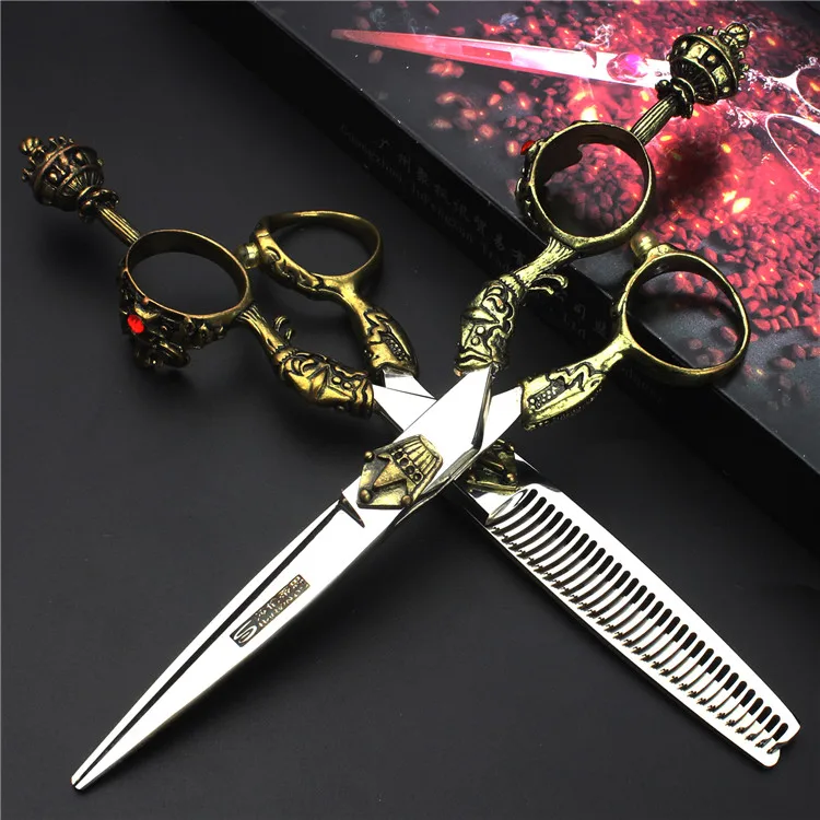 Retro professional barber shop hairdressing scissors 6.0 440c 7 inch hair cutting thinning shears kit tesoura makas barbearia