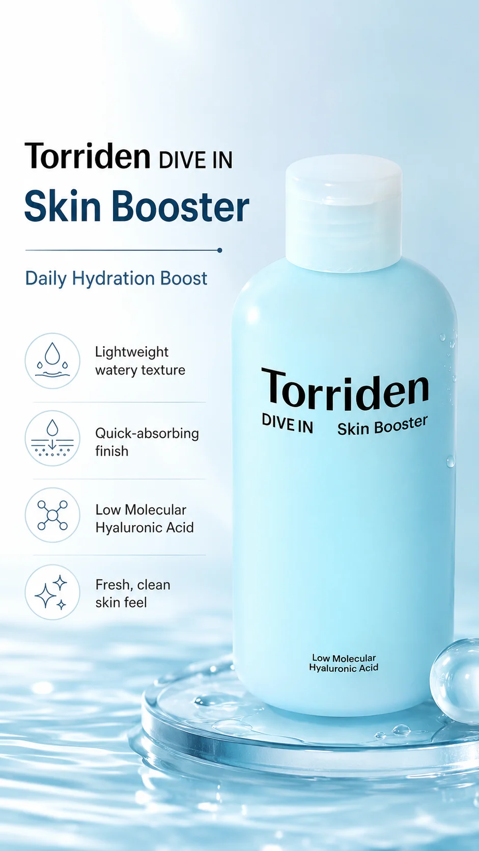 Torriden DIVE-IN Low Molecular Hyaluronic Acid Skin Booster 200ml - Hydrating Facial Toner, Deep Moisture Essence, Fast Absorbin