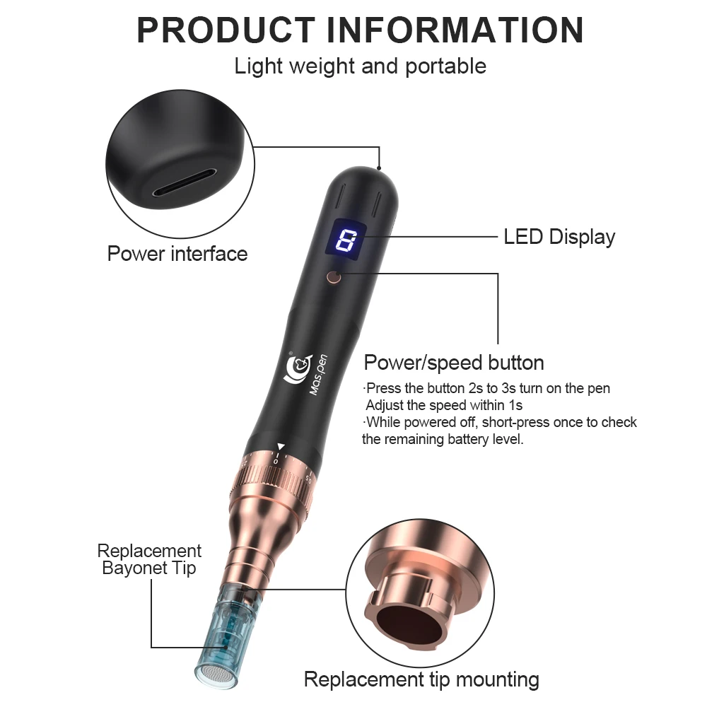 8 Speed Level Rechargeable Microneedling Derma Pen/Mas Pen N6 With 10Pcs Replacement Tips 0.25mm