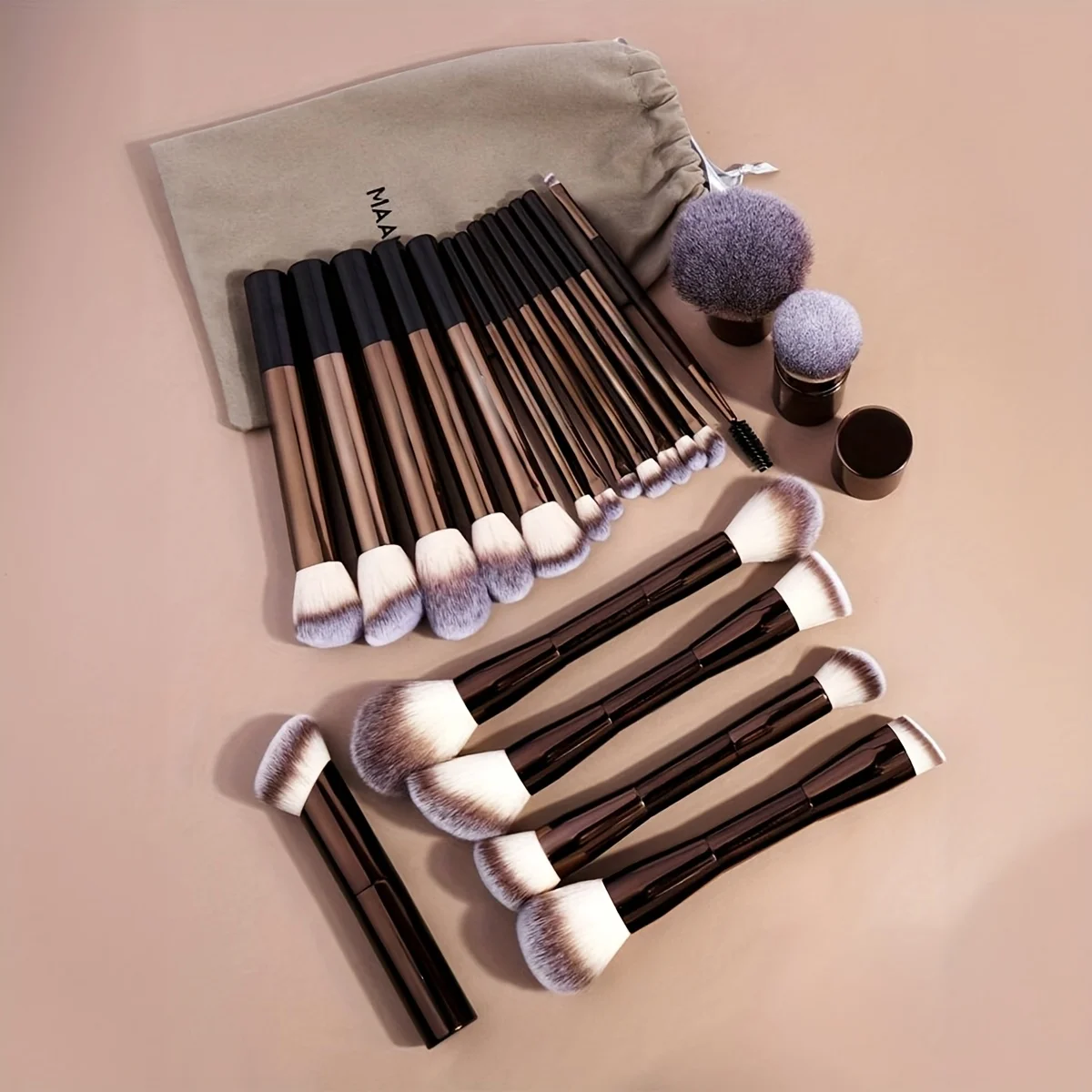 23-Piece Professional Makeup Set: 20 Brushes, Velvet Bag & 2 PU Puffs. Includes Foundation, Contour, Powder, Eyeshadow.