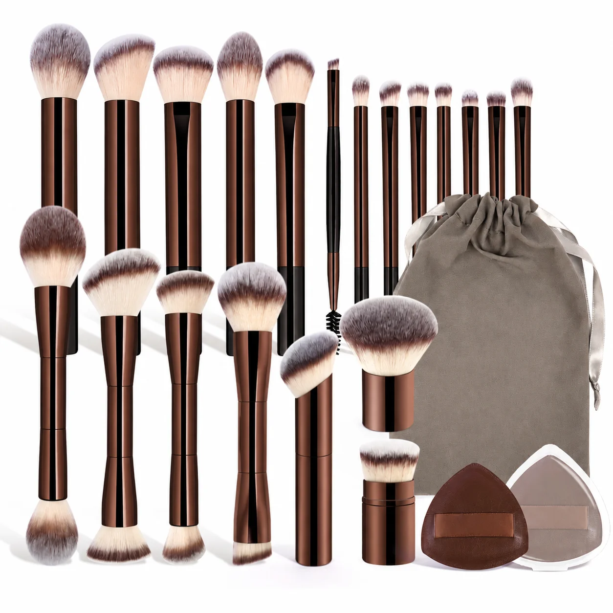 23-Piece Professional Makeup Set: 20 Brushes, Velvet Bag & 2 PU Puffs. Includes Foundation, Contour, Powder, Eyeshadow.