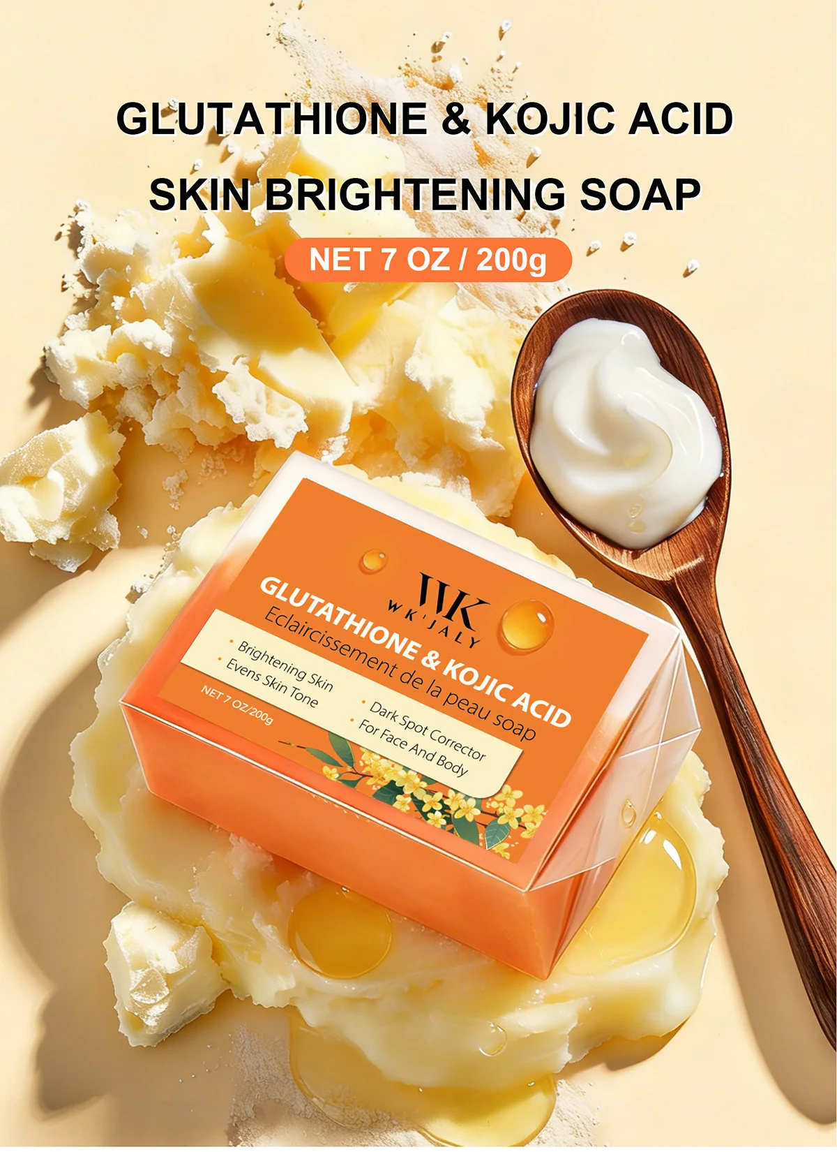 WK JALY Kojic Acid Whitening Soap Bar, With Glutathione, Vitamin C, Dark Spot Corrector, Even Skin Tone,  For Face, Body 200g