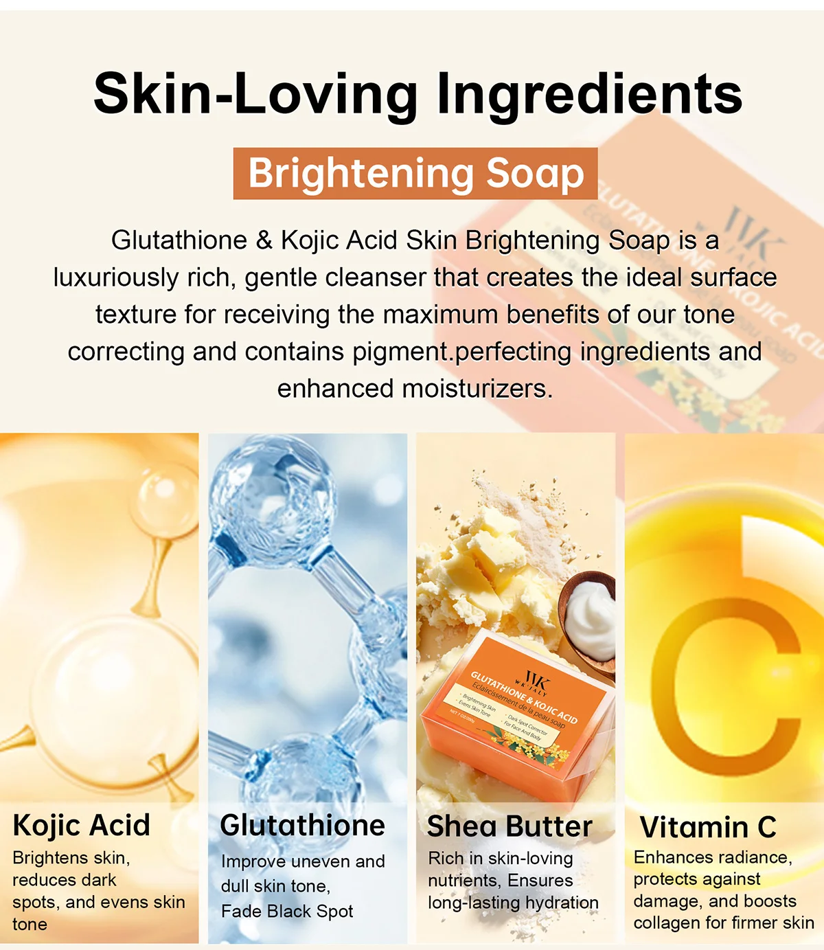WK JALY Kojic Acid Whitening Soap Bar, With Glutathione, Vitamin C, Dark Spot Corrector, Even Skin Tone,  For Face, Body 200g
