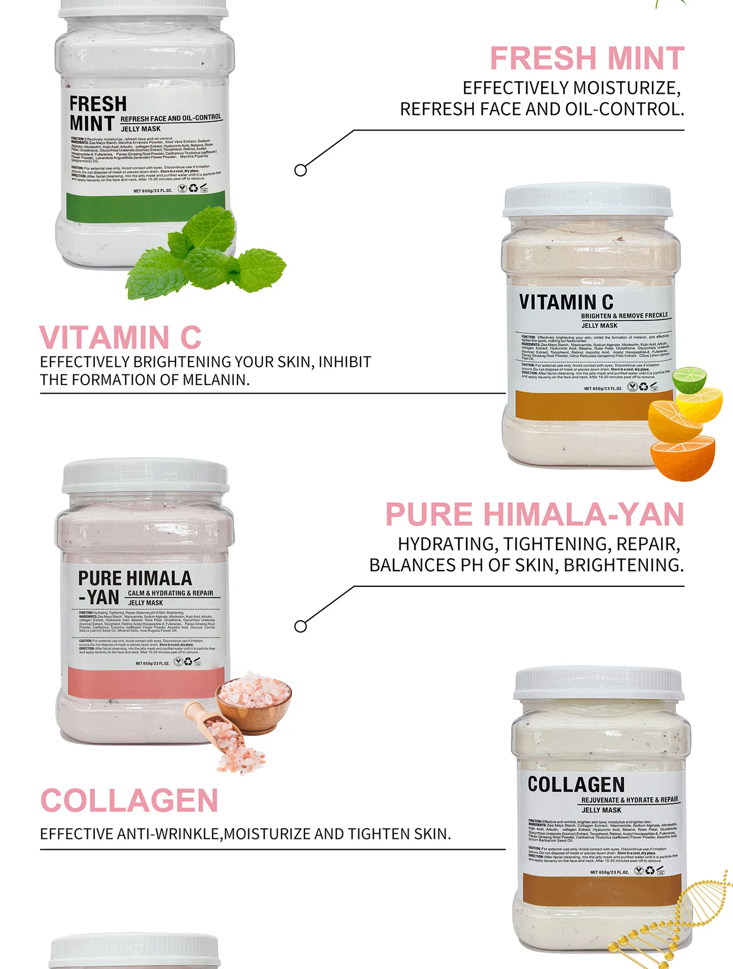 650g Chamomile Hyaluronic Acid Facial Moisturizing Mask Powder with Silicone Brush Increasing Skin Elasticity Rose Jelly Mask