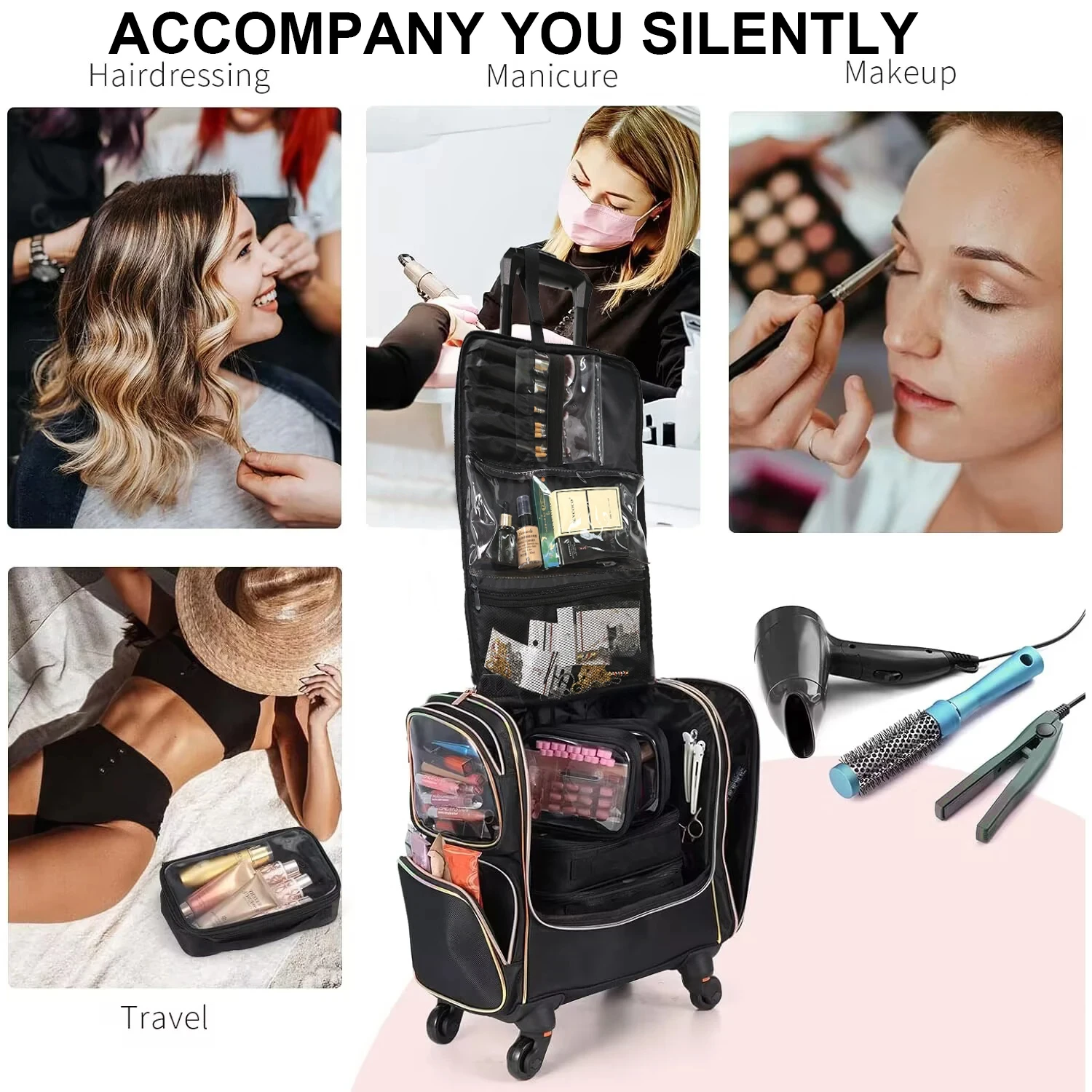 Travel Makeup Artist Bag with Wheels Cosmetic Brush Storage Beauty Tool Organizer Rolling Suitcase for Artists