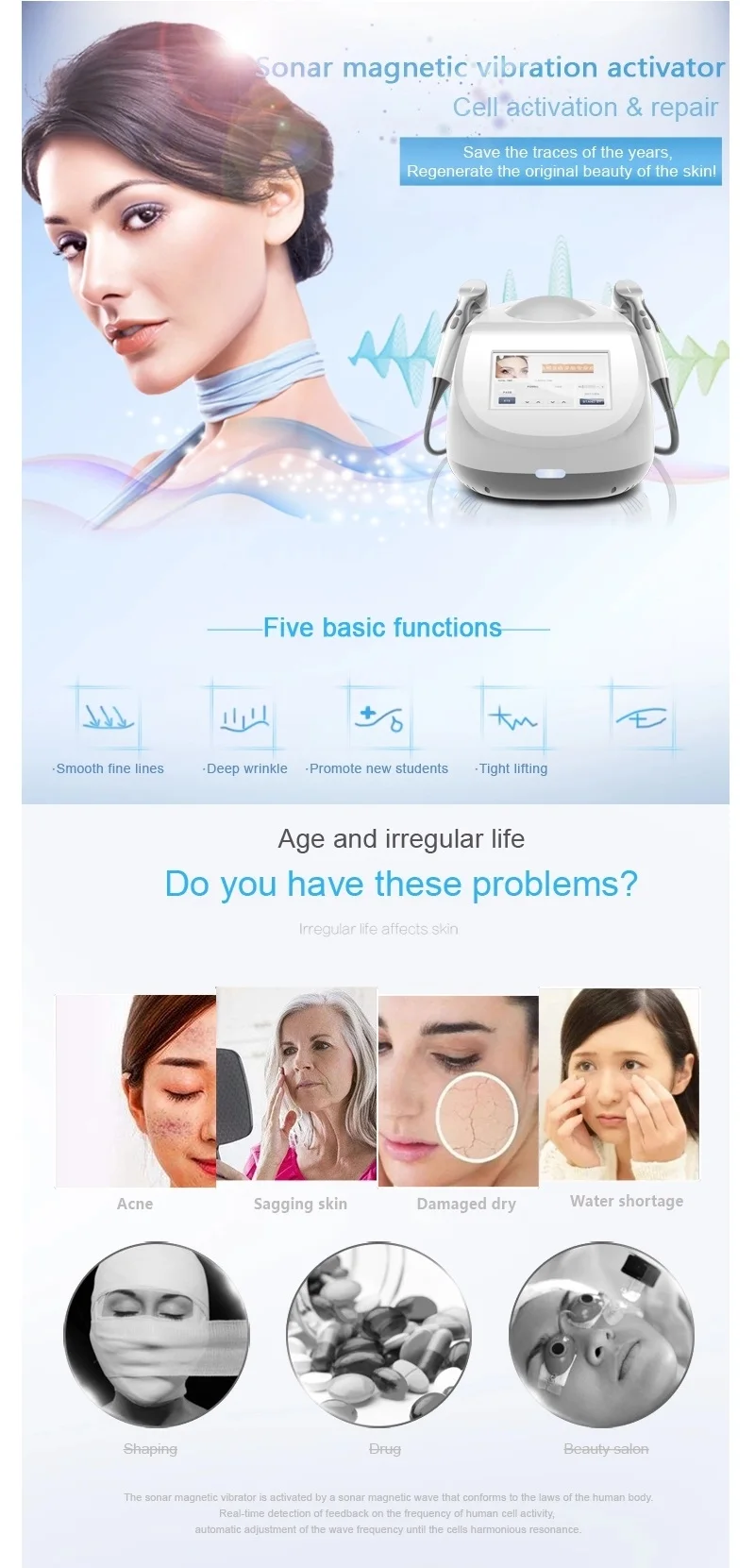 Sonar Magnetic Skin Vibrator Activator Korean Tech Beauty Device for Skin Lifting Firming Wrinkle Removal Anti-Aging with Coolin