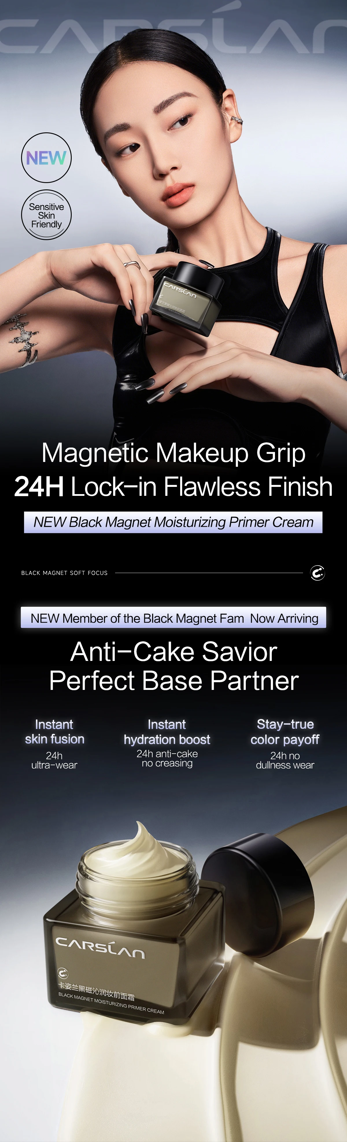 CARSLAN Black Magnet Moisturizing Primer Cream 24H Long lasting Anti-cake No Creasing Face Primer For All Skin