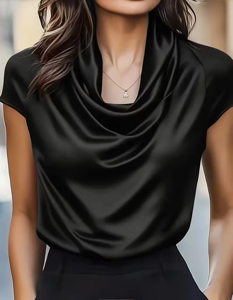 Women Cowl Neck Short Sleeve Satin Blouse Elegant Slim Fit Office Top for Work Evening Party