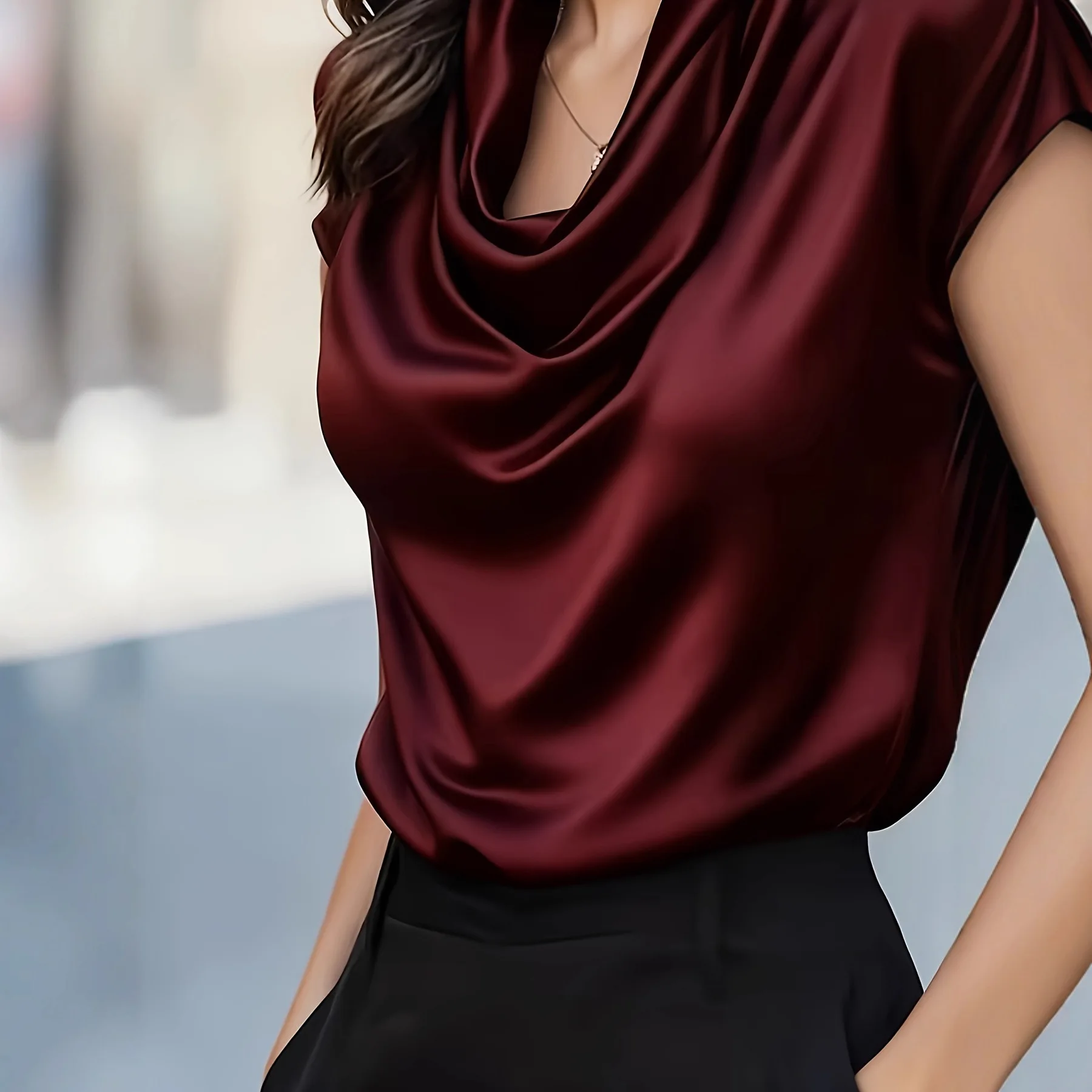 Women Cowl Neck Short Sleeve Satin Blouse Elegant Slim Fit Office Top for Work Evening Party