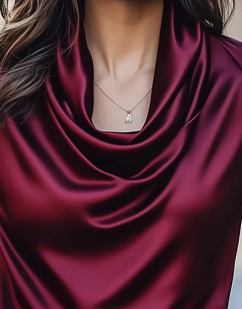 Women Cowl Neck Short Sleeve Satin Blouse Elegant Slim Fit Office Top for Work Evening Party