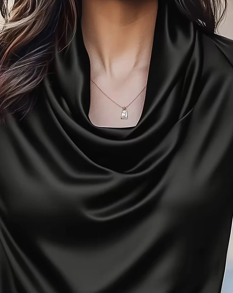 Women Cowl Neck Short Sleeve Satin Blouse Elegant Slim Fit Office Top for Work Evening Party