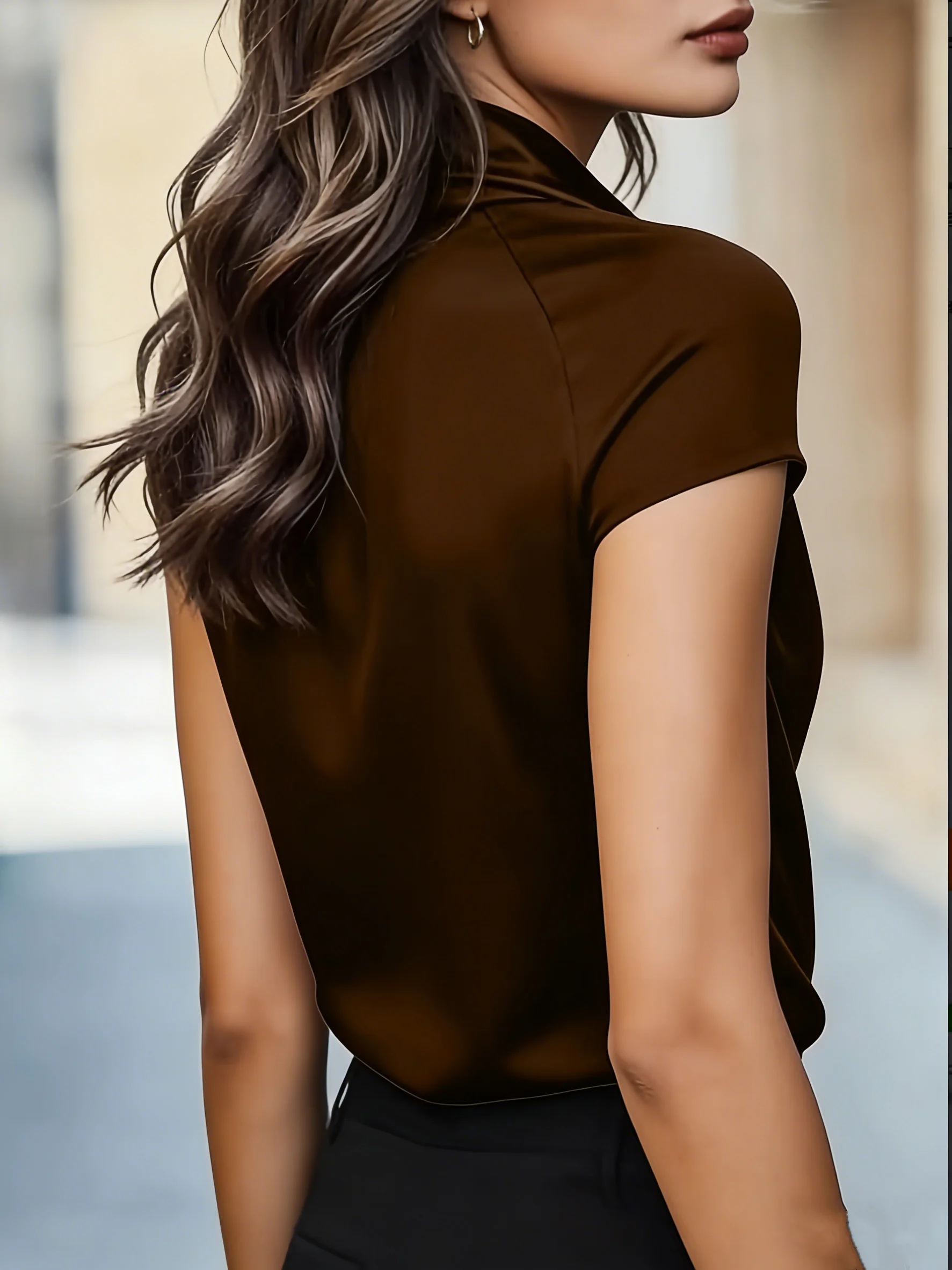 Women Cowl Neck Short Sleeve Satin Blouse Elegant Slim Fit Office Top for Work Evening Party