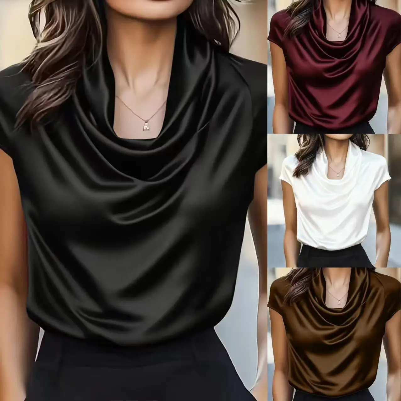 Women Cowl Neck Short Sleeve Satin Blouse Elegant Slim Fit Office Top for Work Evening Party