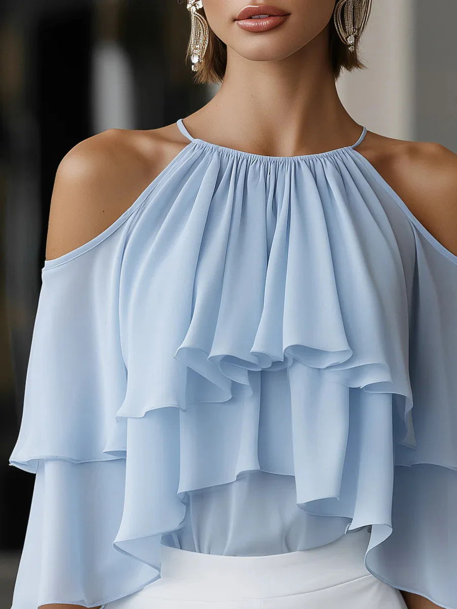 Women Cold Shoulder Halter Blouse Ruffle Layered Chiffon Tops Casual Party Shirts