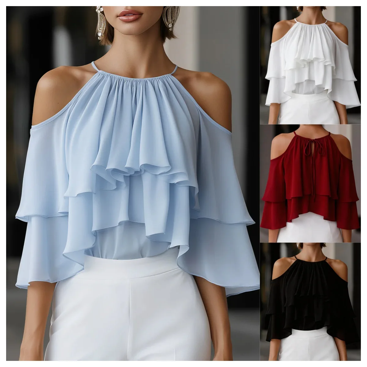 Women Cold Shoulder Halter Blouse Ruffle Layered Chiffon Tops Casual Party Shirts