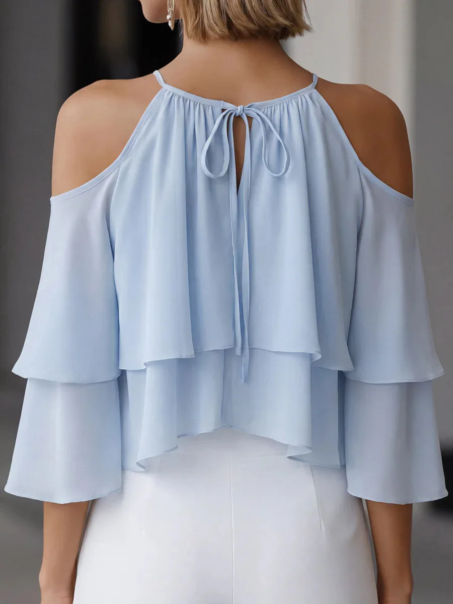 Women Cold Shoulder Halter Blouse Ruffle Layered Chiffon Tops Casual Party Shirts