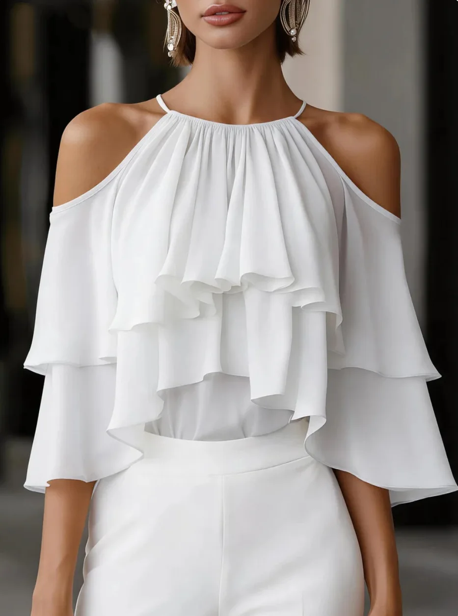 Women Cold Shoulder Halter Blouse Ruffle Layered Chiffon Tops Casual Party Shirts