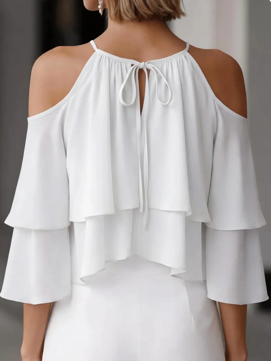 Women Cold Shoulder Halter Blouse Ruffle Layered Chiffon Tops Casual Party Shirts