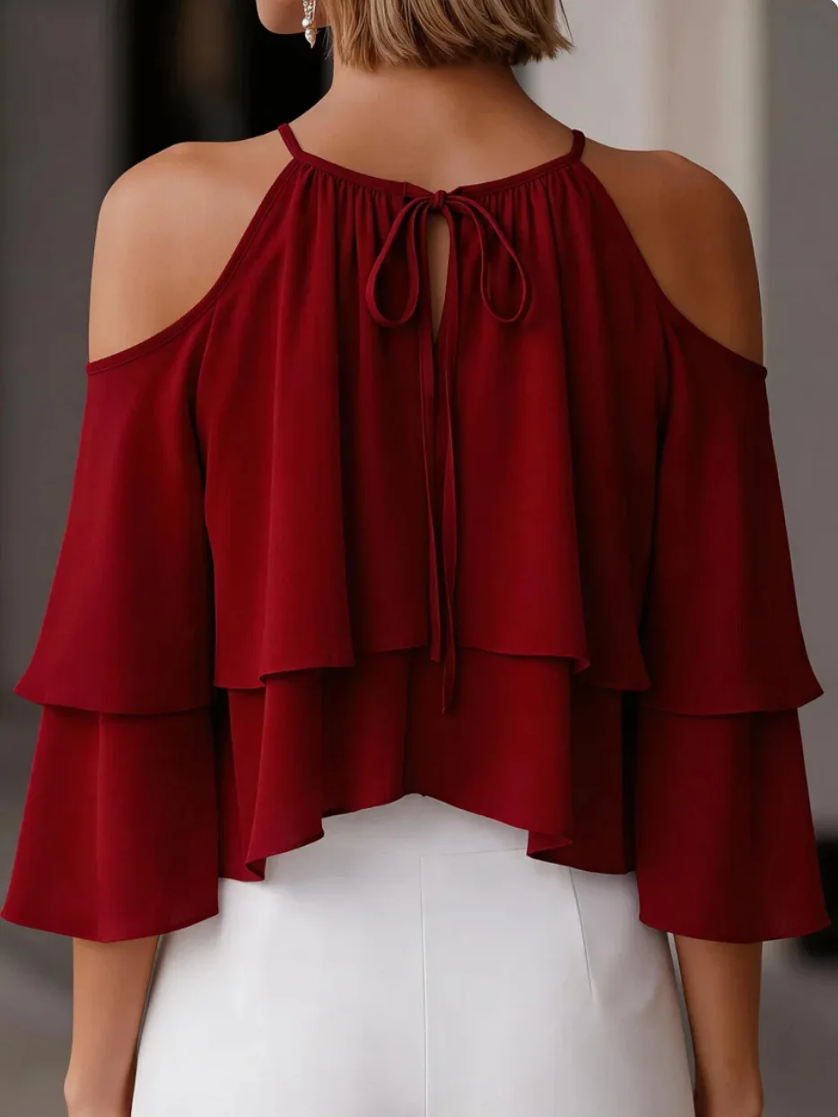 Women Cold Shoulder Halter Blouse Ruffle Layered Chiffon Tops Casual Party Shirts