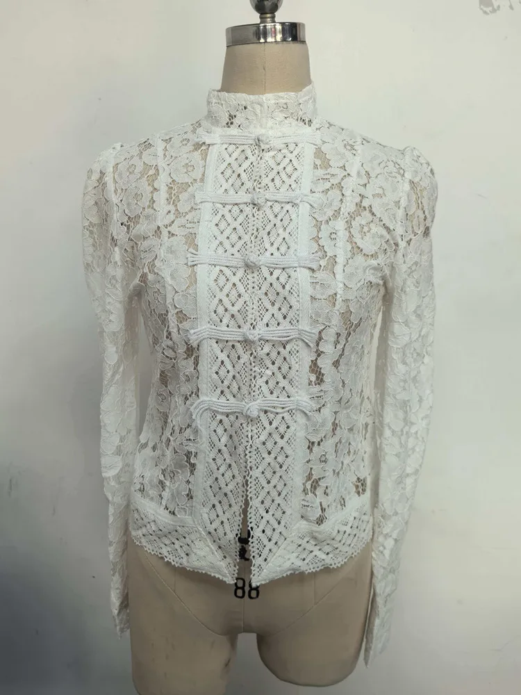 Ladies Vintage Lace Blouse Shirts Women Summer Hollow Out Casual Sand Collar Elegant Embroidery Puff Sleeve Sexy Top Shirts