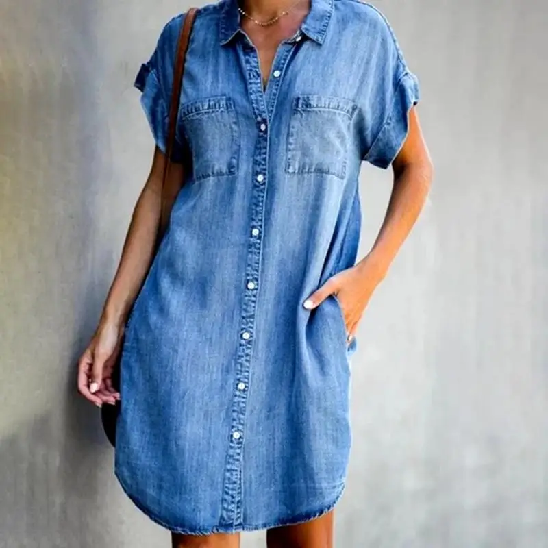 Summer New Single Breasted Denim Shirt Dress Women's Casual Loose Pocket Simple Retro Commuter Female Office Denim Short Skirt