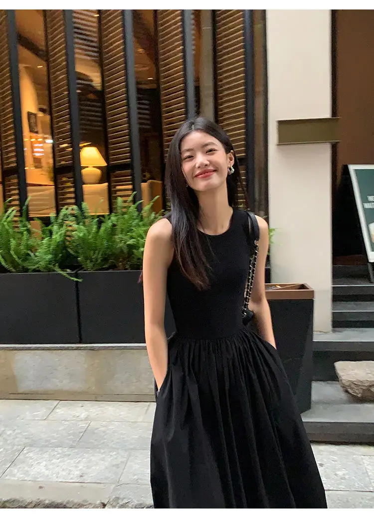New Vintage Holiday Style Black Midi Dress Dresses for Women Clothing O Neck Office Lady Casual Pockets Women's Clothing