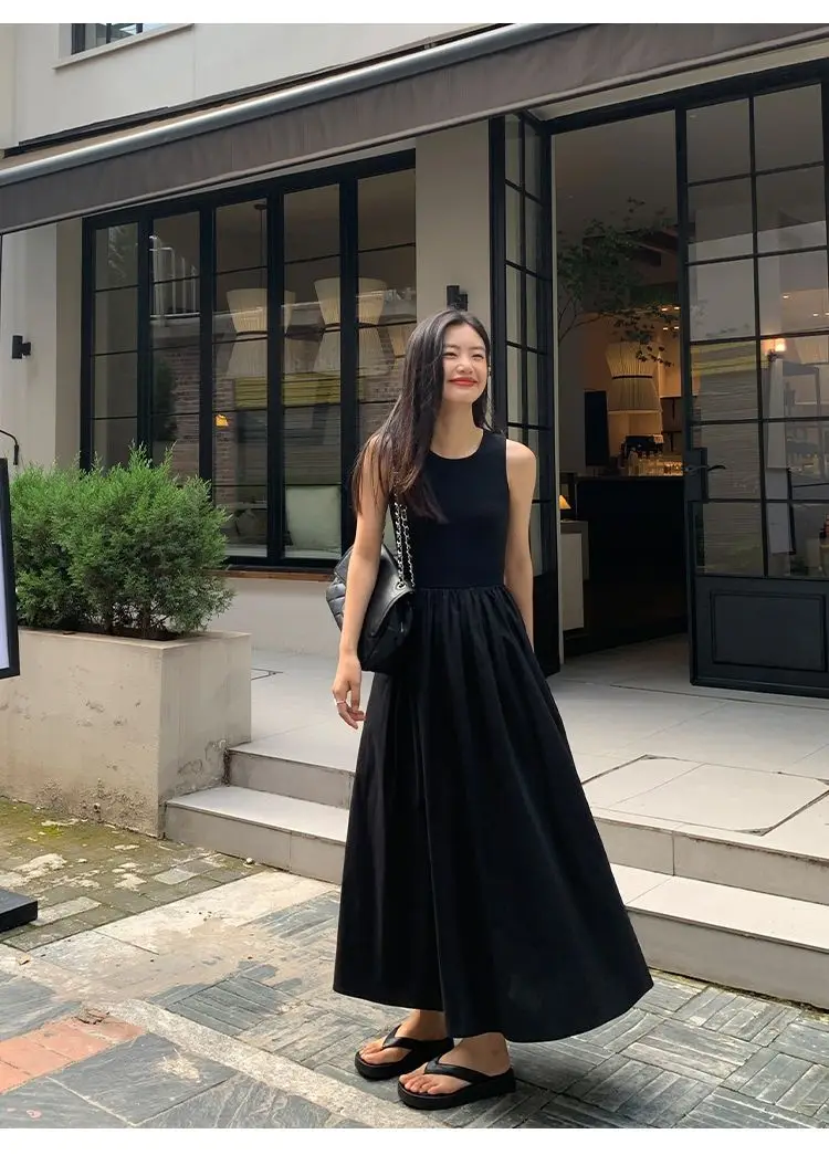 New Vintage Holiday Style Black Midi Dress Dresses for Women Clothing O Neck Office Lady Casual Pockets Women's Clothing