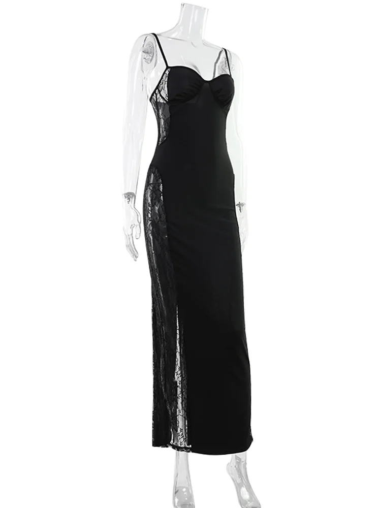 CNYISHE Lace Patchwork Camisoles Solid Split Women Dresses Hip Wrap Sheath Fashion Chic Party Outfits Sexy Club Trendy Female