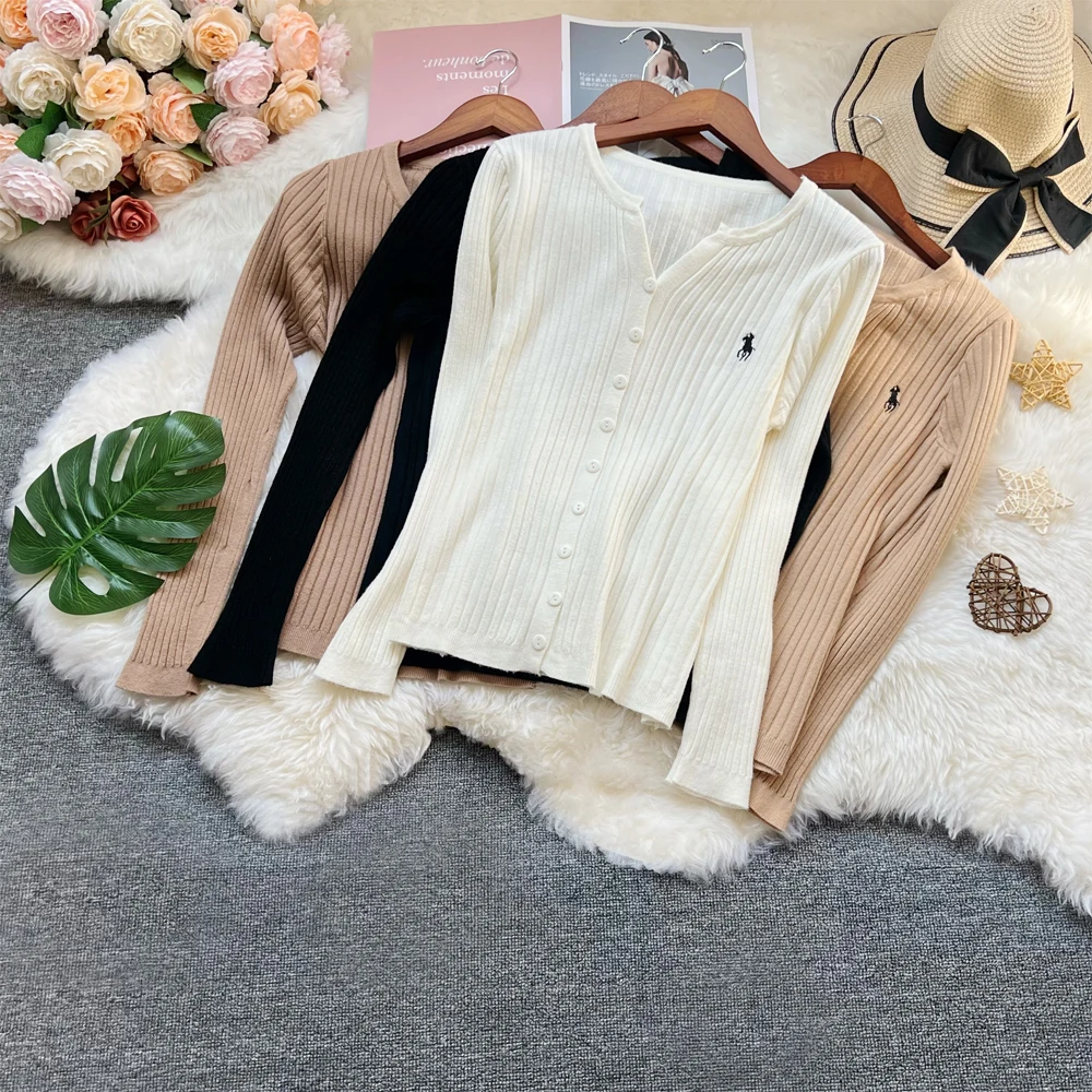 YuooMuoo Korean Fashion Embroidery Cardigans Tops 2026 New Autumn Slim Elastic Ribbed Knitted Tops Chic Streetwear Ladies Shirts