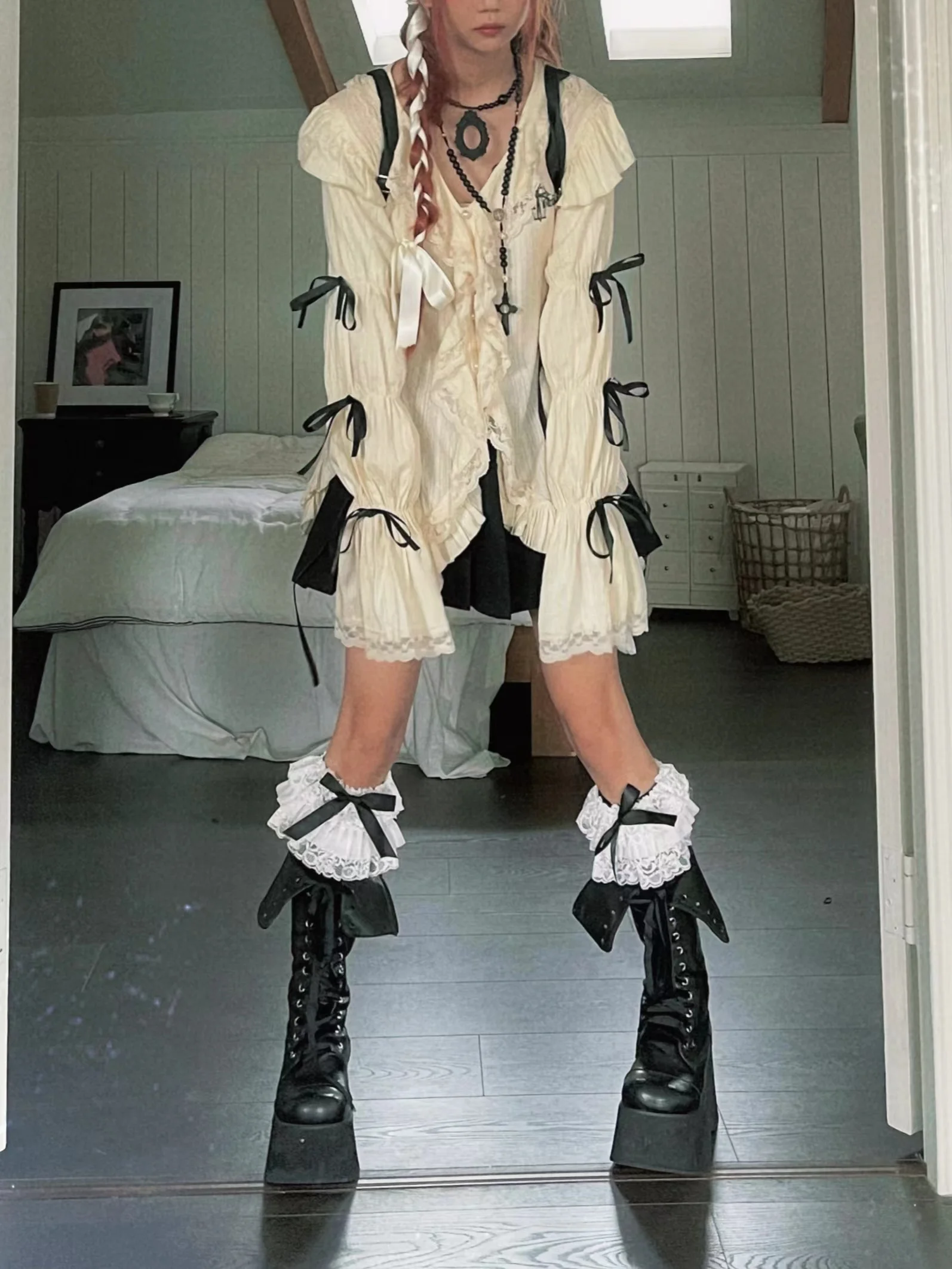 Karrram Y2k Aesthetics Lace Shirt Grunge Gothic Irregular Blouses Fairy Harajuku Bandage Shirt Vintage Lolita Clothes Mall Goth