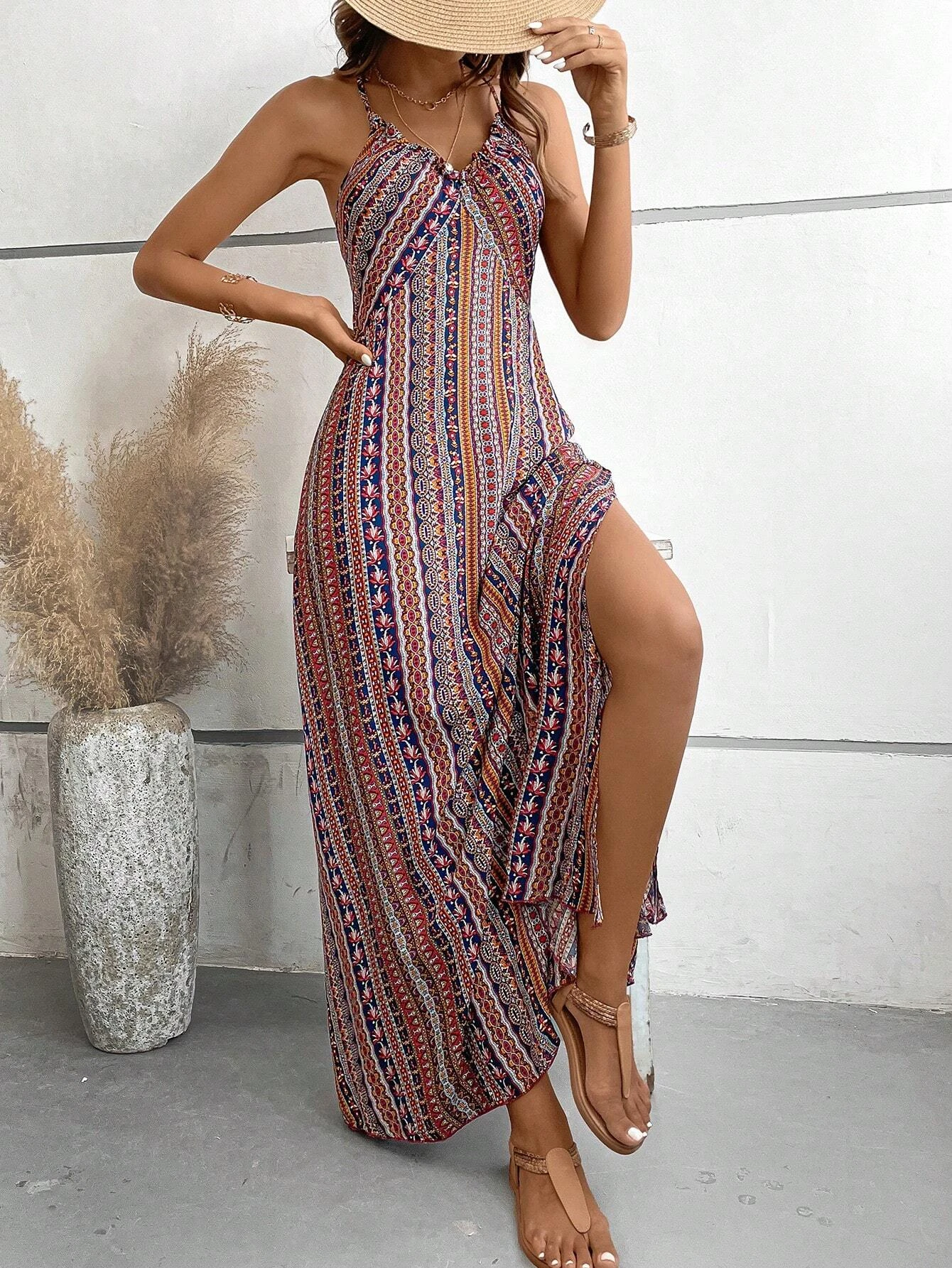 Women's Summer Ethnic Pattern Backless Split Thigh Dress Ladies Summer Clothes Boho Fashion Frill Trim Long Dress for Beach