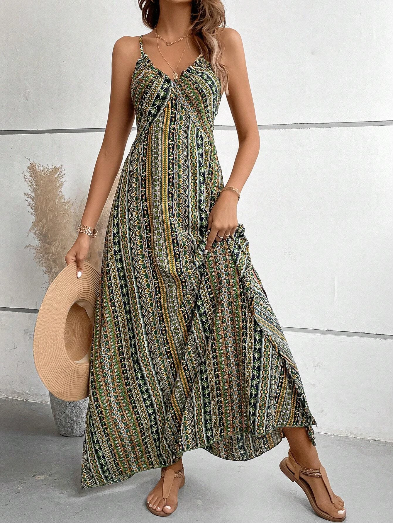 Women's Summer Ethnic Pattern Backless Split Thigh Dress Ladies Summer Clothes Boho Fashion Frill Trim Long Dress for Beach
