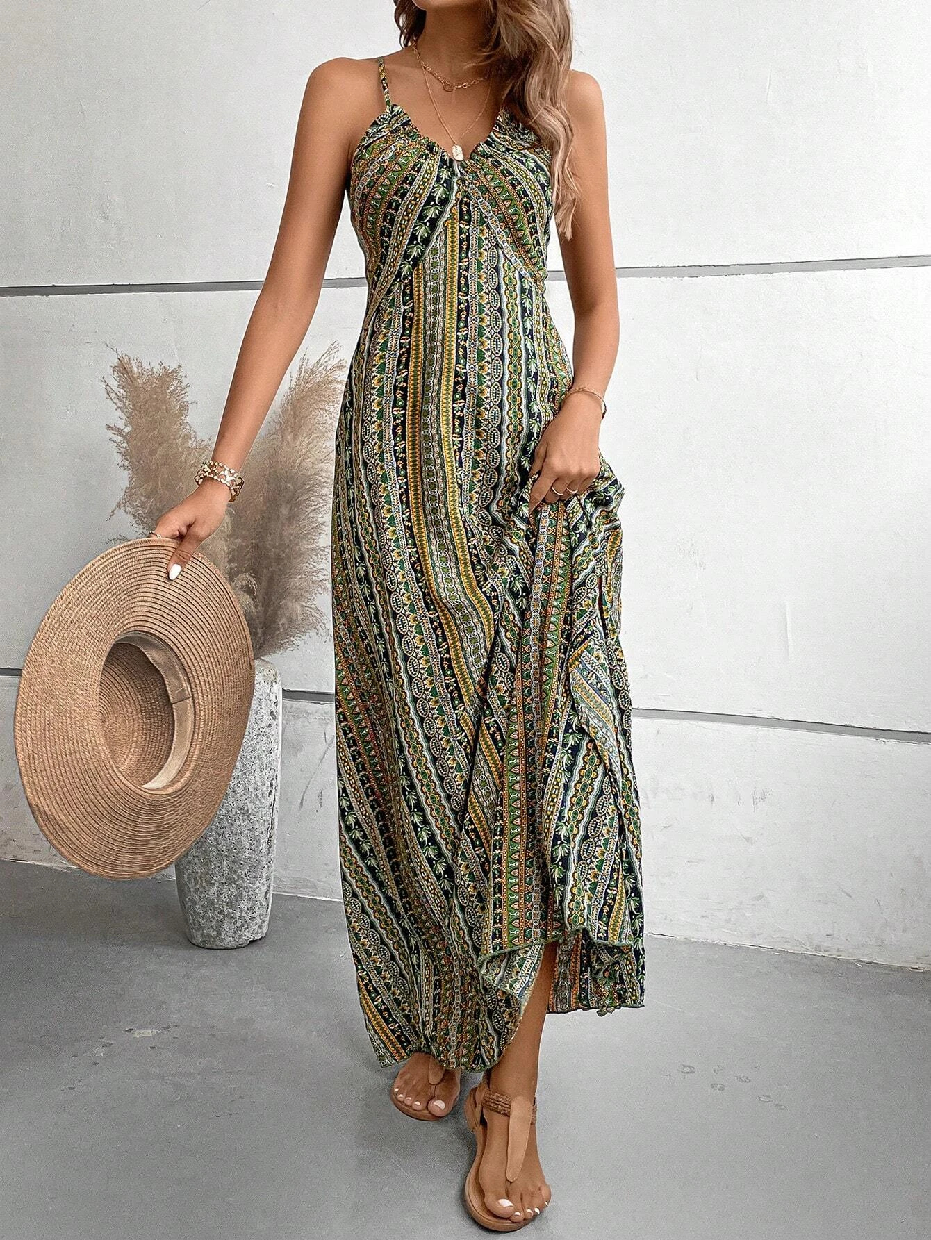 Women's Summer Ethnic Pattern Backless Split Thigh Dress Ladies Summer Clothes Boho Fashion Frill Trim Long Dress for Beach