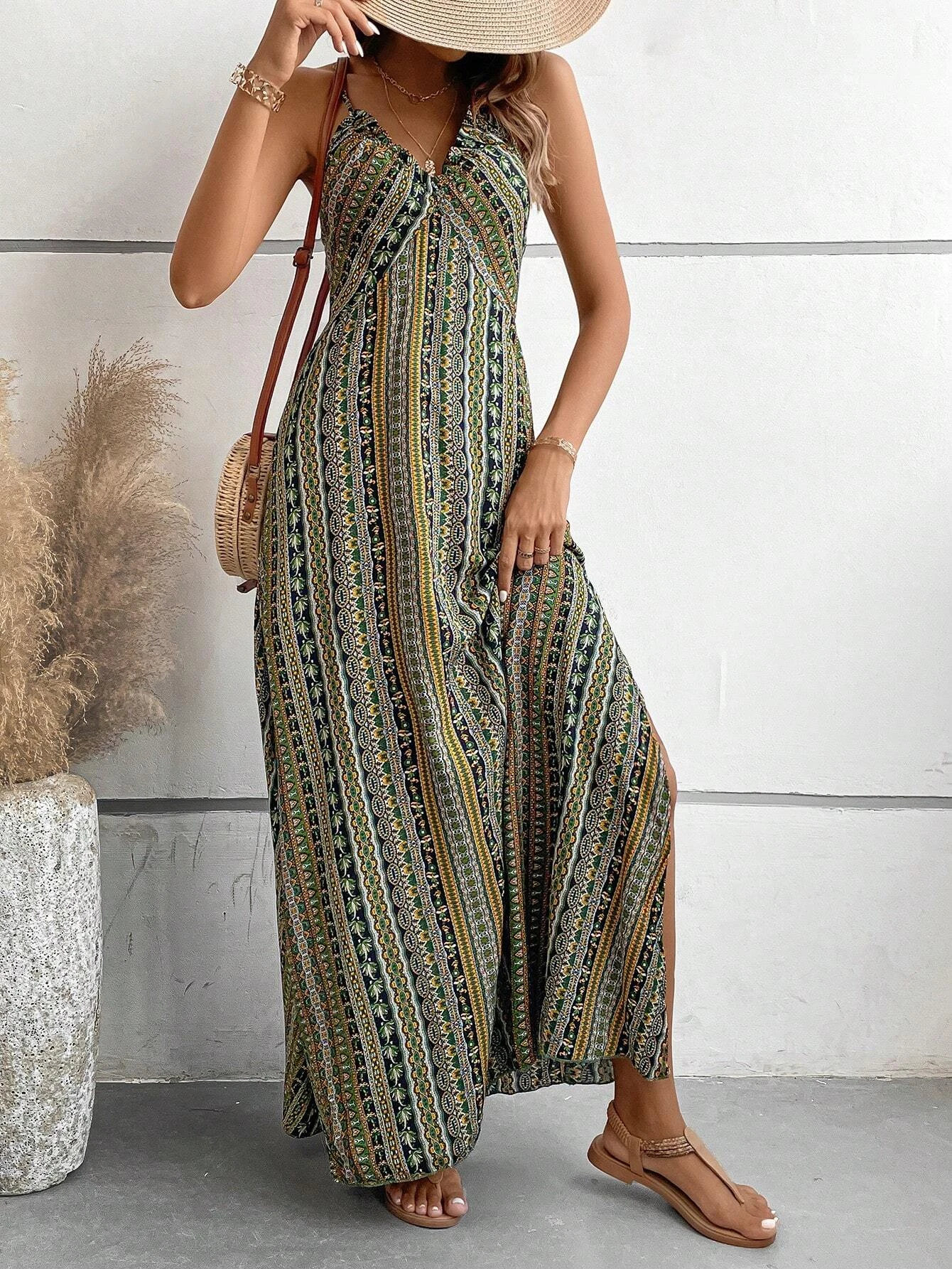 Women's Summer Ethnic Pattern Backless Split Thigh Dress Ladies Summer Clothes Boho Fashion Frill Trim Long Dress for Beach