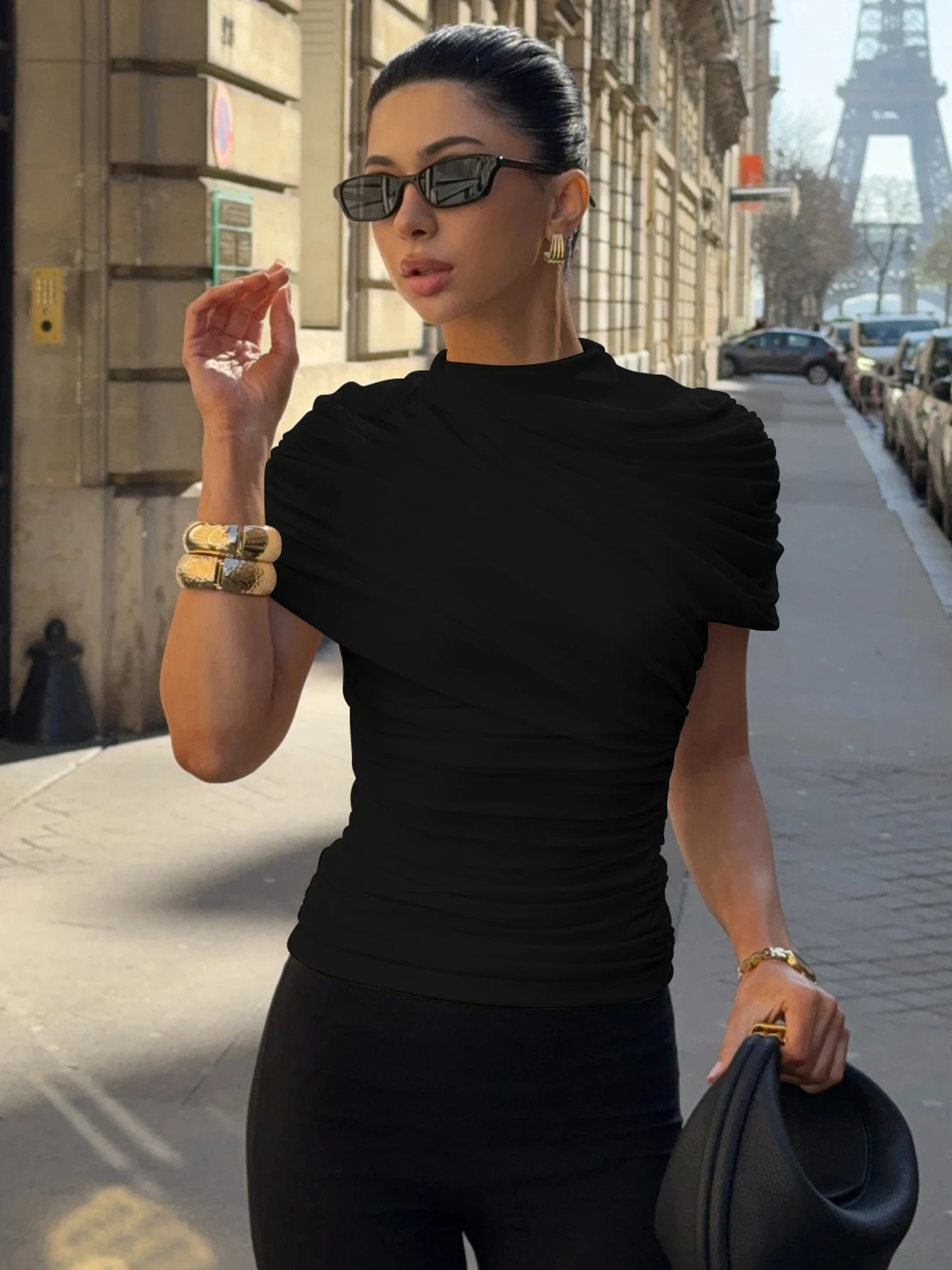 Dulzura Women'S Solid O-Neck Short Sleeve Ruched Slim T-Shirt Casual Versatile Y2K Top Party Vacation Street Style Summer Outfit