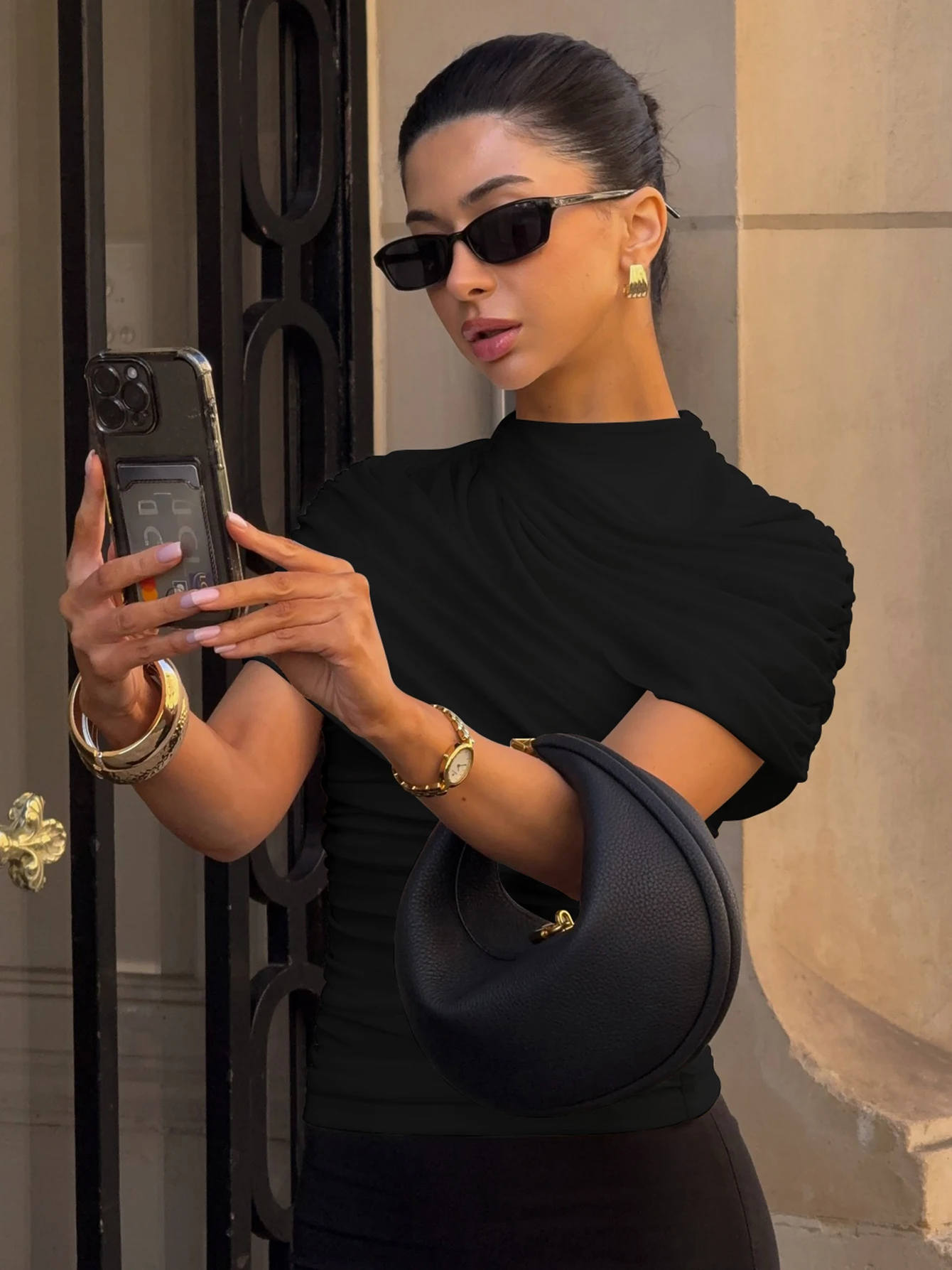 Dulzura Women'S Solid O-Neck Short Sleeve Ruched Slim T-Shirt Casual Versatile Y2K Top Party Vacation Street Style Summer Outfit