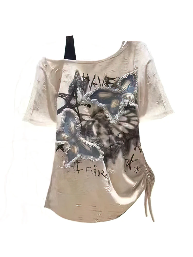 Vintage Y2k Summer Off Shoulder Oversize Graphic T Shirt Women 2000s Chic Short Sleeve Top Ladies Vintage 2025 New