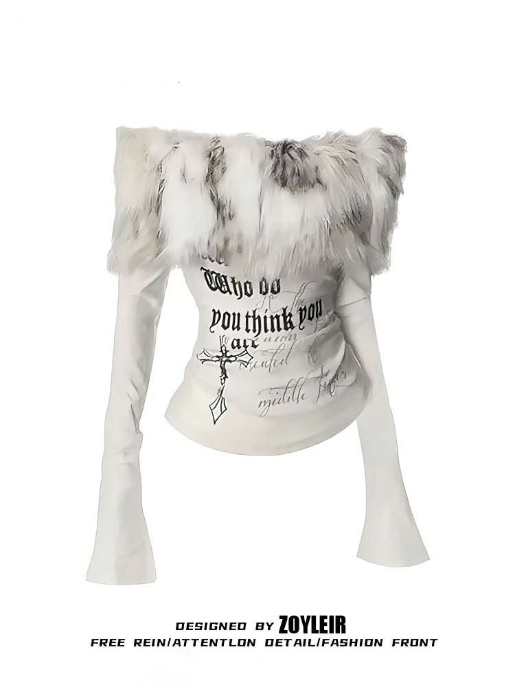 Luxury Fur Graphic Long Sleeve T Shirt Y2k Women Autumn Winter Off Shoulder Tops 2000s Vintage Basic Blouse Tees White Shirt