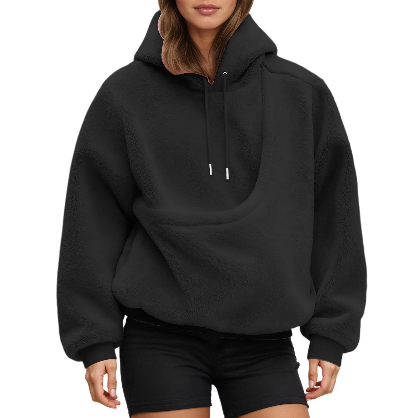 Pocket Style Pet In Plush Loose Fitting Hooded Sweatshirt for Men a nd Women New Fashion Solid Color Comforatble Hoodie 2025